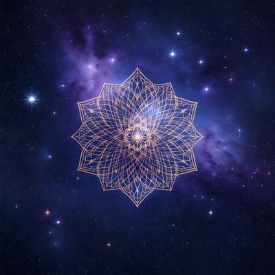 The primary subject of the image is a beautifully designed flower, which is the main object, scene, or focus of the image. The flower is set against a backdrop of a dark, star-filled sky, creating a sense of depth and contrast. The visual style of the image is a combination of digital art and illustration, with the flower being intricately drawn and the background being a night sky filled with stars. The colors and mood of the image are predominantly dark and moody, with the starry sky adding